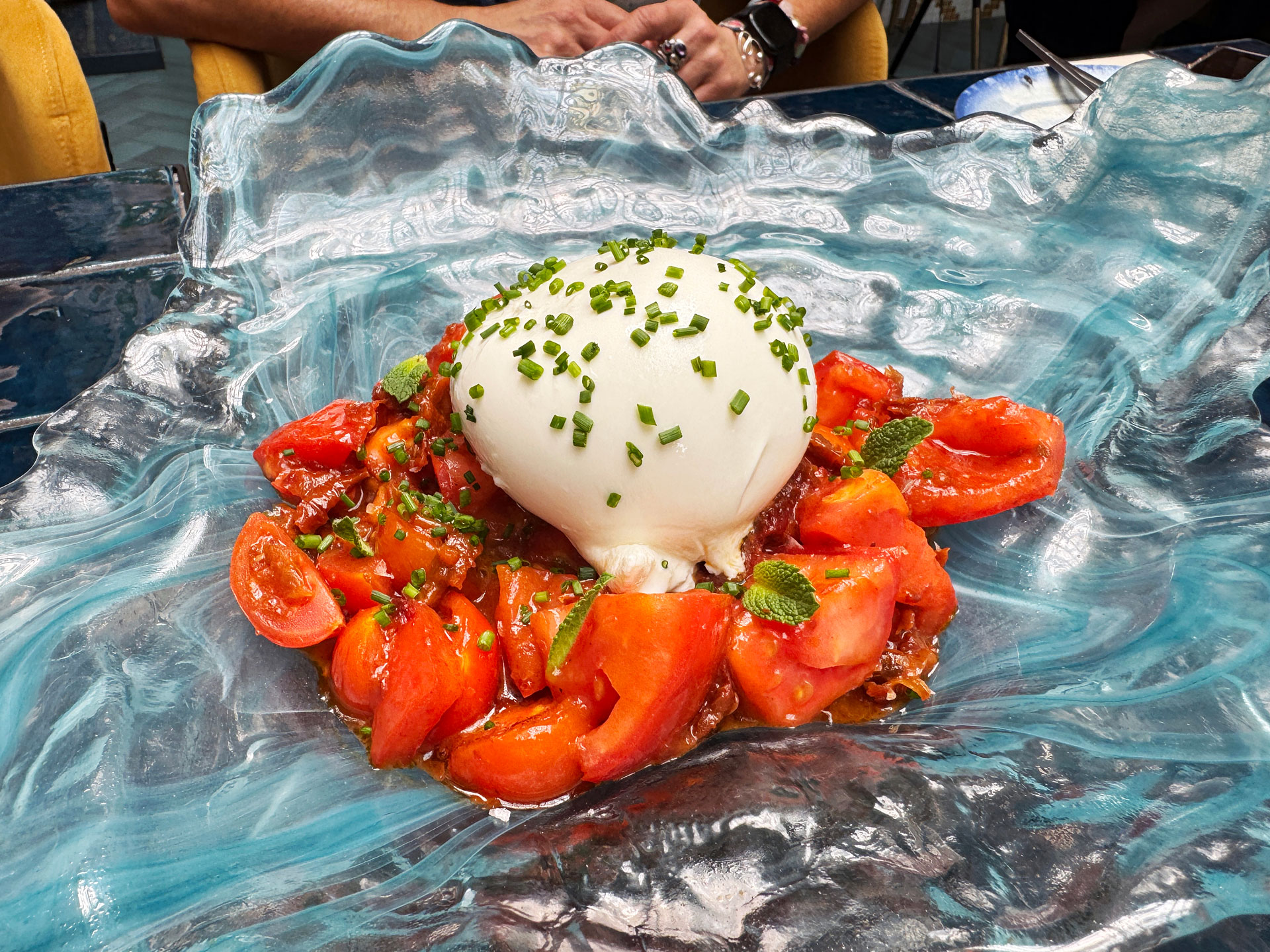 Ensalada Templada de Tomates Chiplotle y Burrata asada - Zeppelin Bar